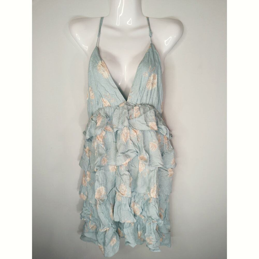 Milkweed Floral Tiered Ruffle Mini Dress Mint Blue Medium NWT Cottage Prairie